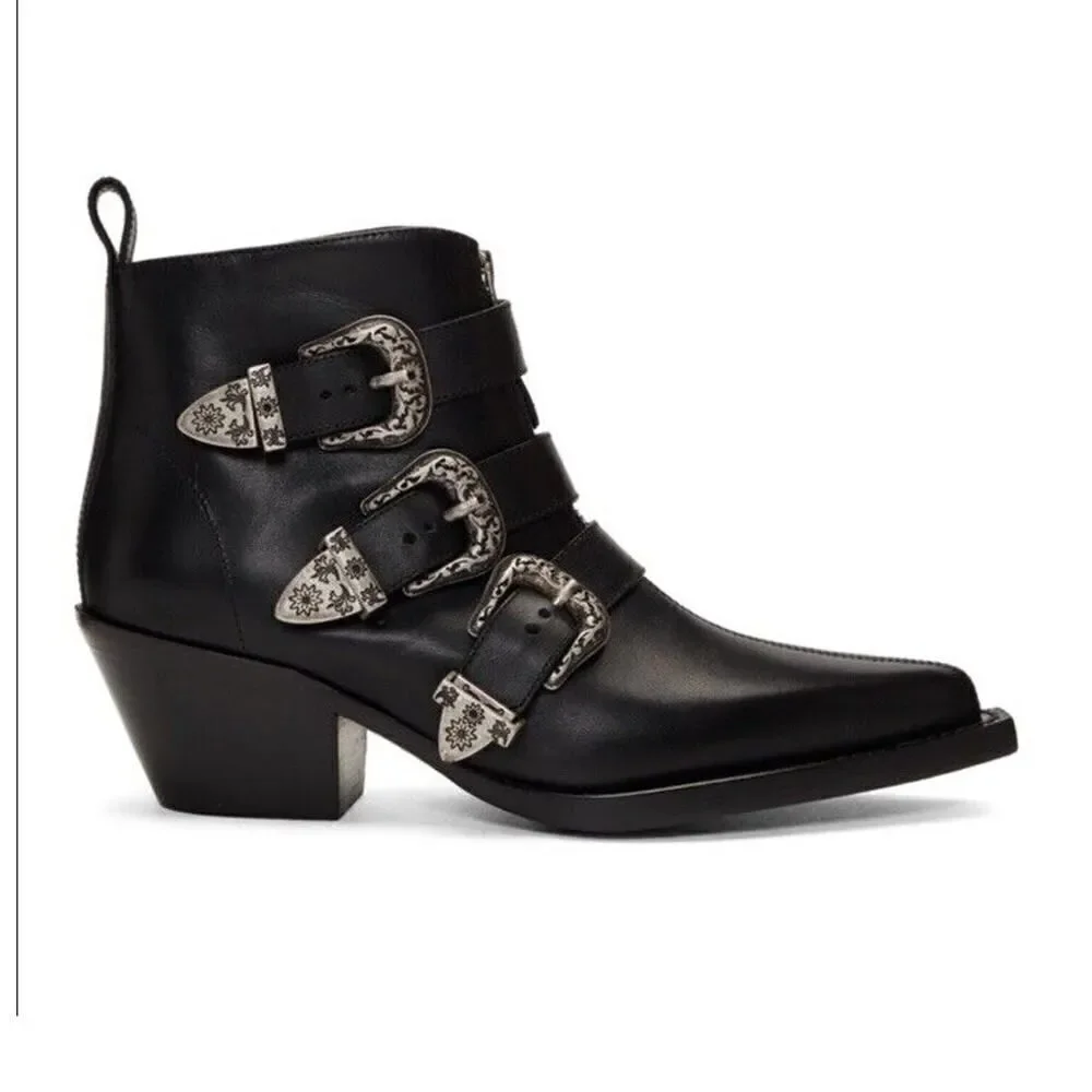 R13 Ankle Three Buckle Boot Black Leather sz 38 $995